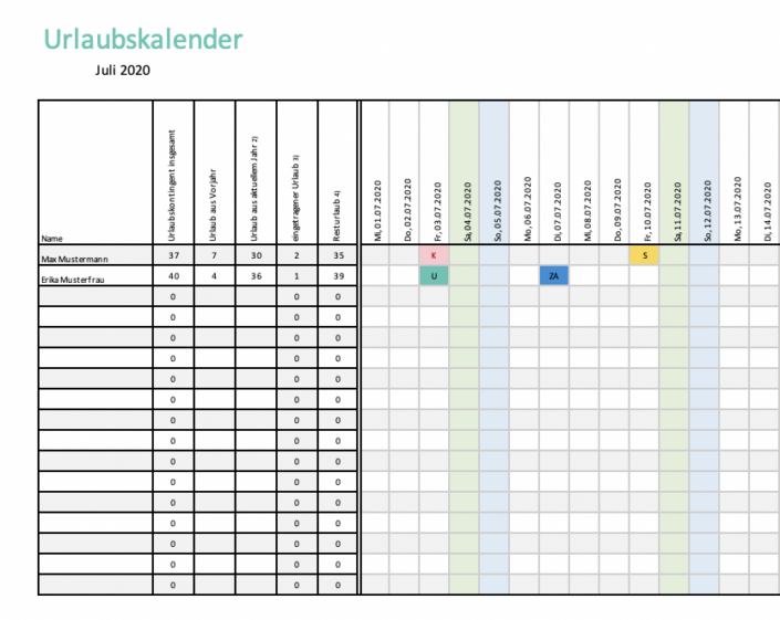 Urlaubskalender Vorlage - TimeTrack Vorlagen