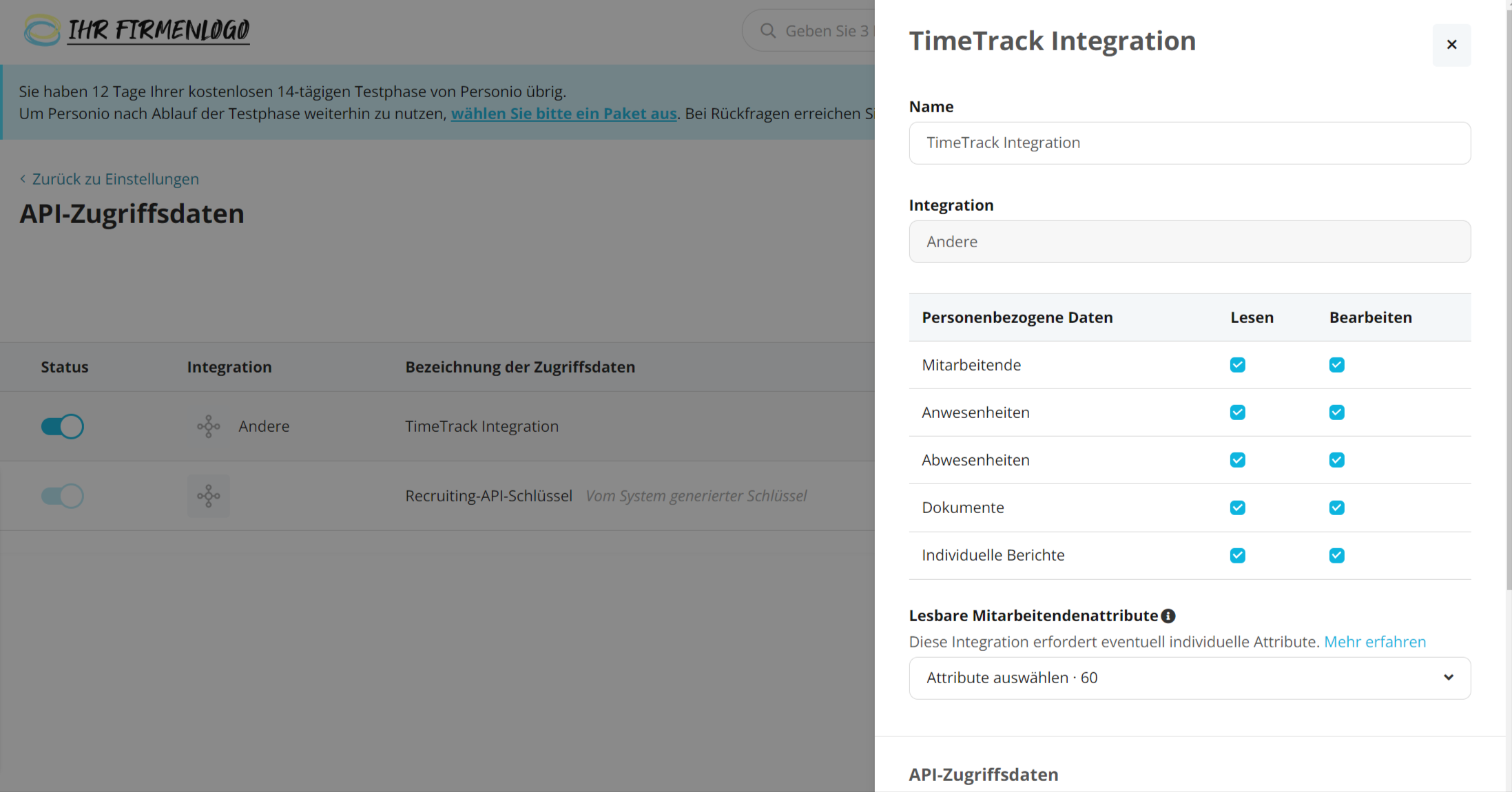 Einstellungsseite für API-Zugriffsdaten zur Integration von TimeTrack mit Optionen zur Verwaltung von personenbezogenen Daten, wie Mitarbeiterinformationen, Anwesenheiten, Abwesenheiten, und Dokumenten.