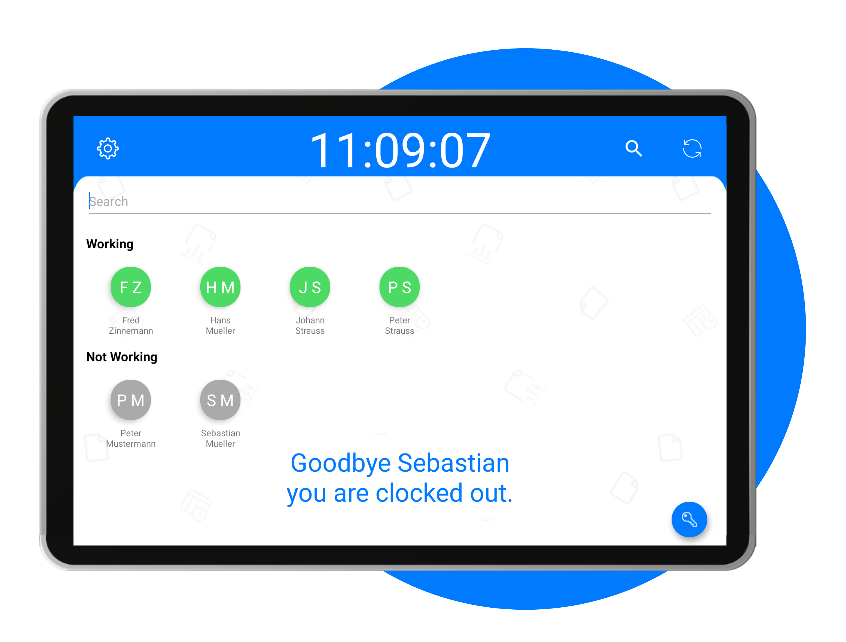 Tablet-App zeigt den aktuellen Status von Mitarbeitern an, wer arbeitet und wer nicht, mit einer Nachricht für Sebastian, dass er ausgestempelt ist.