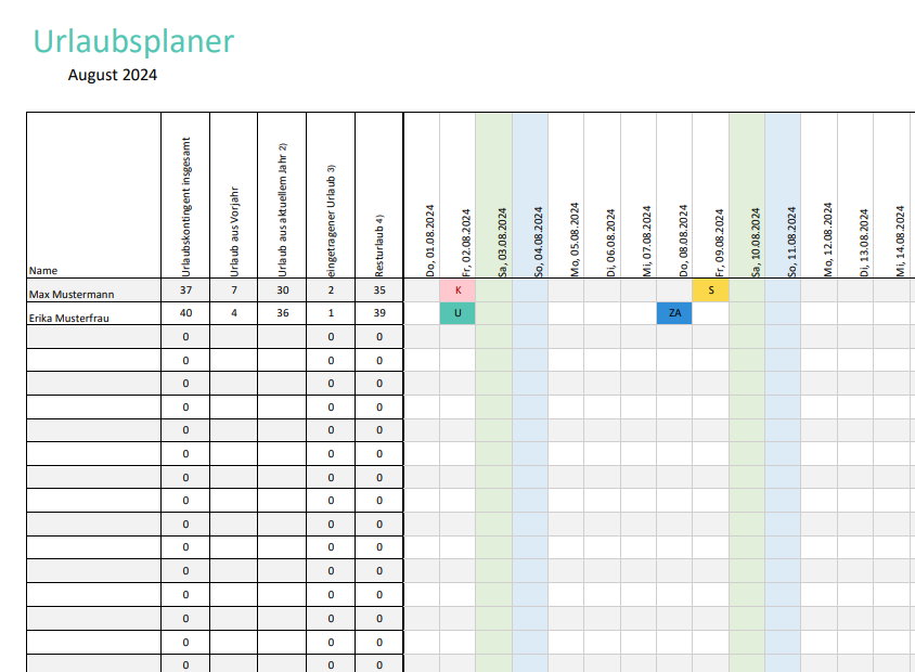 Ein Screenshot einer Urlaubsplaner-Vorlage in Excel. Die Tabelle listet verschiedene Mitarbeiter in den Zeilen und die Monate sowie Tage des Jahres in den Spalten auf. Unterschiedliche Farben markieren die Urlaubstage und -zeiträume der Mitarbeiter, was eine übersichtliche Darstellung der Urlaubsplanung ermöglicht.